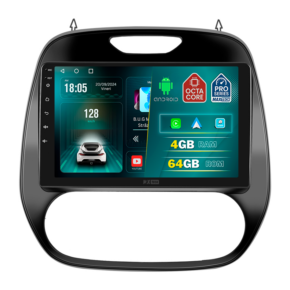 Navigatie Renault Captur 1 (2013-2017) Pre-Facelift dedicata, MaxTech® PRO SERIES, 4 GB Ram 64 GB Rom, Carplay si Android auto, Ecran 9 ” HD Touch, GPS, Wifi, Bluetooth, Radio, USB, EQ, DSP, Waze