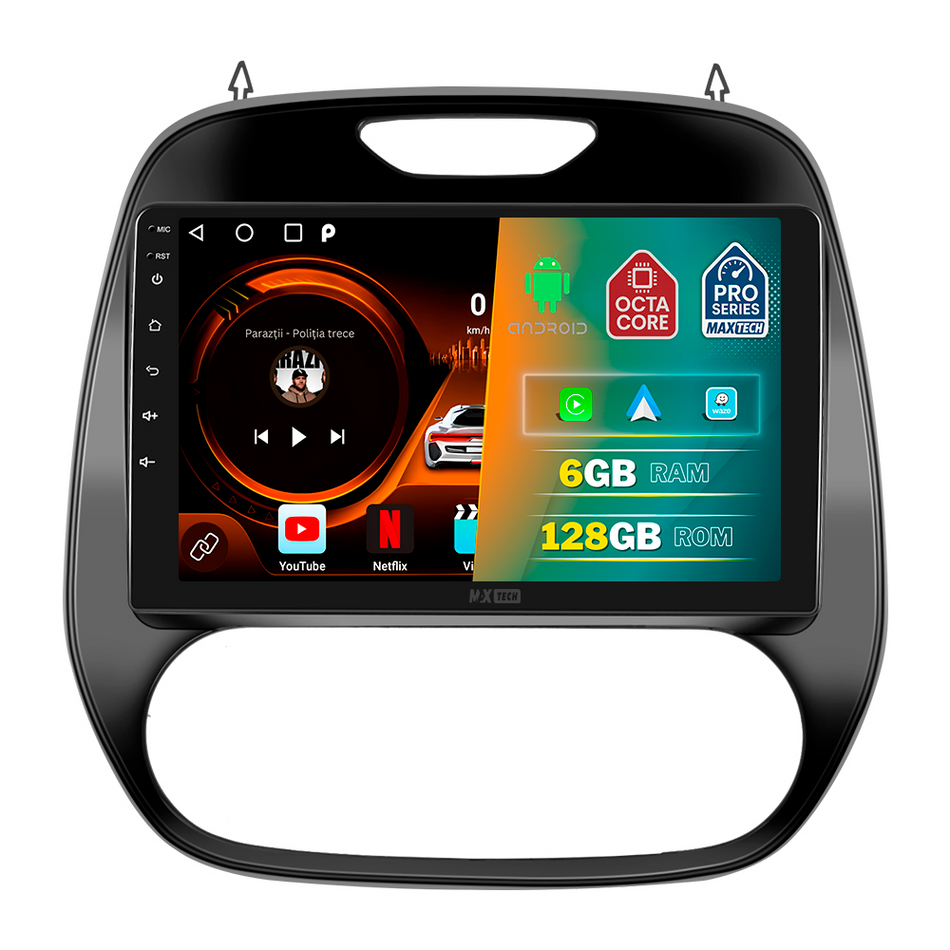 Navigatie Renault Captur 1 (2013-2017) Pre-Facelift dedicata, MaxTech® PRO SERIES, 6 GB Ram 128 GB Rom, Carplay si Android auto, Ecran 9” HD Touch, GPS, Wifi, Bluetooth, Radio, USB, EQ, DSP, Waze