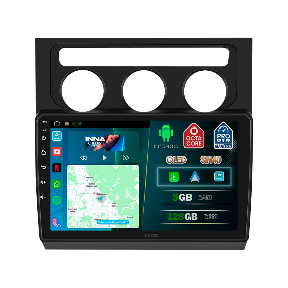 Navigatie Volkswagen Touran I (2004–2008) dedicata, MaxTech® PRO SERIES, 8 GB Ram 128 GB Rom, OctaCore, Carplay si Android auto, Ecran 10” HD Touch, Sim 4G, ADI/HI-Res, GPS, Wifi, Bluetooth, Radio, USB, EQ, DSP, Waze