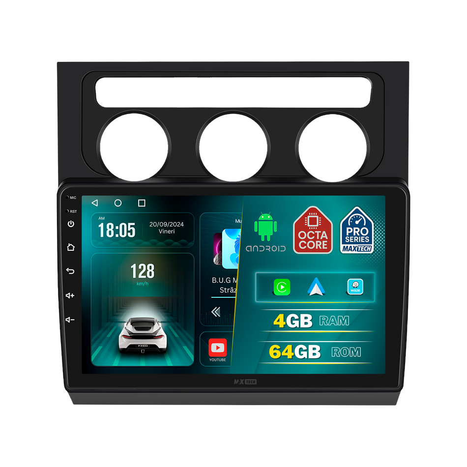 Navigatie Volkswagen Touran I (2004–2008) dedicata, MaxTech® PRO SERIES, 4 GB Ram 64 GB Rom, Carplay si Android auto, Ecran 10 ” HD Touch, GPS, Wifi, Bluetooth, Radio, USB, EQ, DSP, Waze
