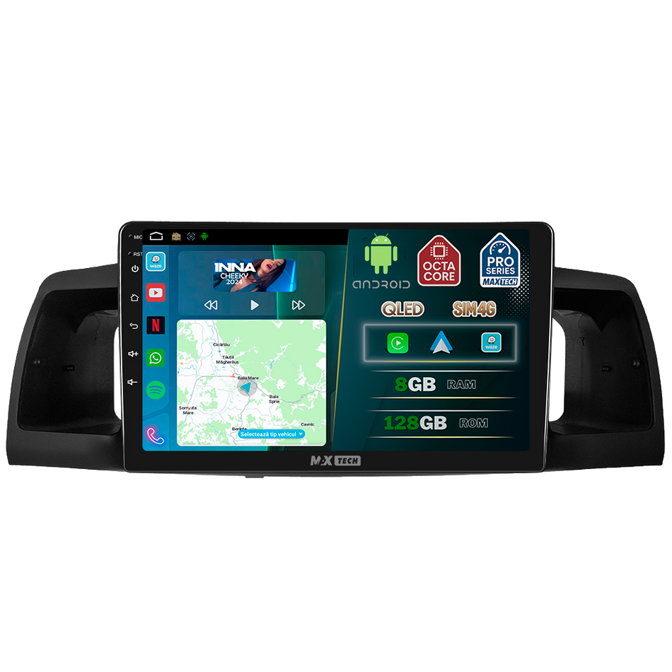 Navigatie Toyota Corolla E120 (2004-2007) facelift dedicata, MaxTech® PRO SERIES, 8 GB Ram 128 GB Rom, OctaCore, Carplay si Android auto, Ecran 9” HD Touch, Sim 4G, ADI/HI-Res, GPS, Wifi, Bluetooth, Radio, USB, EQ, DSP, Waze