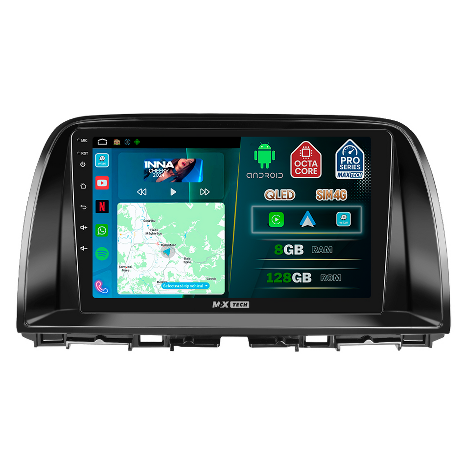 Navigatie Mazda CX-5 I (2012-2014) pre-facelift dedicata, MaxTech® PRO SERIES, 8 GB Ram 128 GB Rom, OctaCore, Carplay si Android auto, Ecran 9” HD Touch, Sim 4G, ADI/HI-Res, GPS, Wifi, Bluetooth, Radio, USB, EQ, DSP, Waze