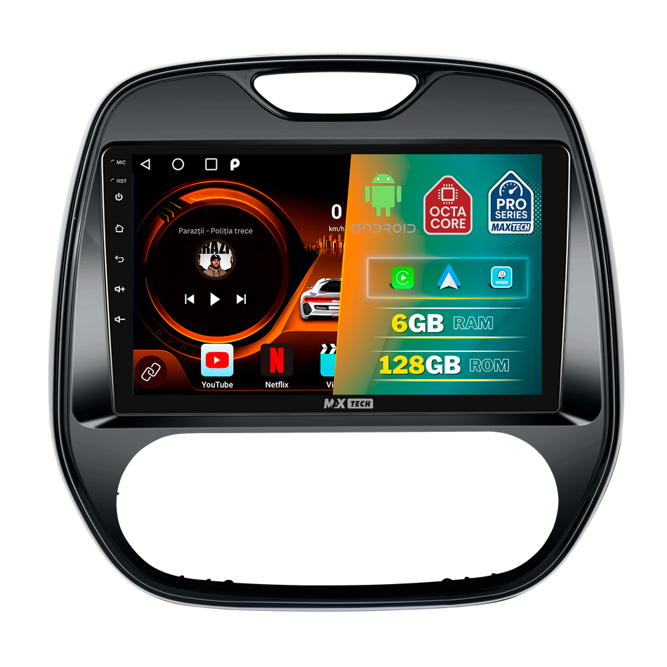 Navigatie Renault Captur I (J87) (2013-2017) pre-facelift dedicata, MaxTech® PRO SERIES, 6 GB Ram 128 GB Rom, Carplay si Android auto, Ecran 9” HD Touch, GPS, Wifi, Bluetooth, Radio, USB, EQ, DSP, Waze