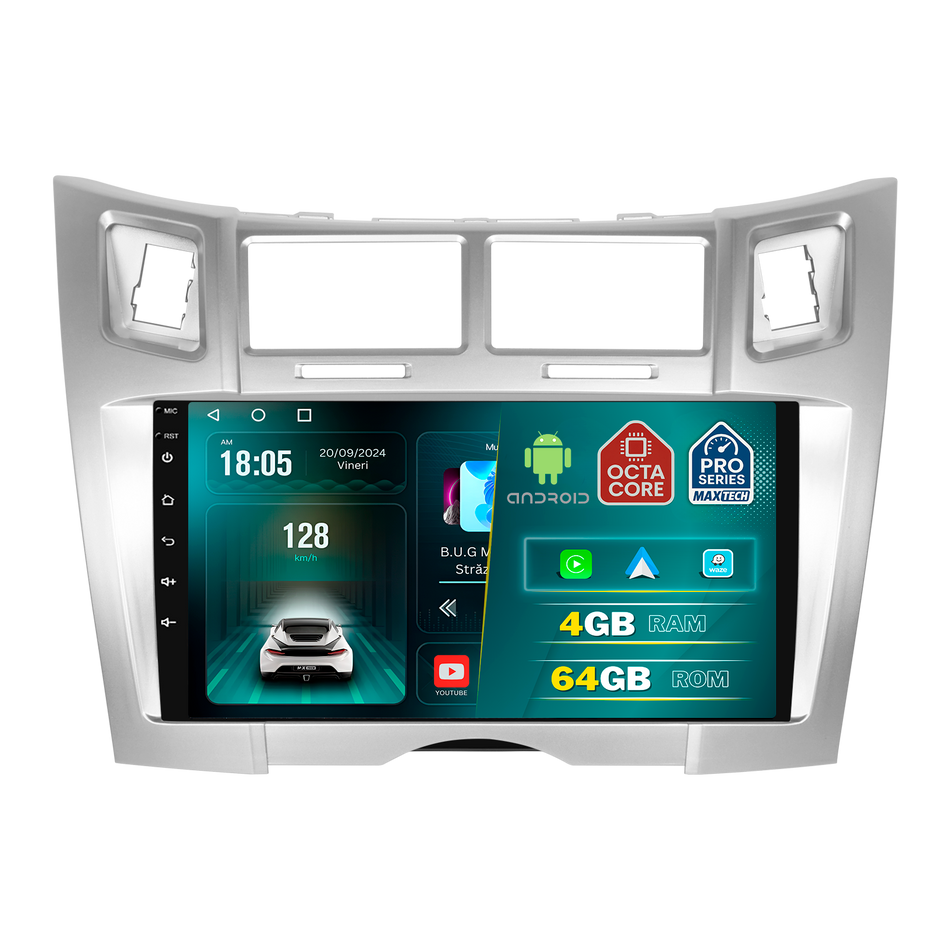 Navigatie Toyota Yaris II (2005-2011) XP90 dedicata, MaxTech® PRO SERIES, 4 GB Ram 64 GB Rom, Carplay si Android auto, Ecran 9 ” HD Touch, GPS, Wifi, Bluetooth, Radio, USB, EQ, DSP, Waze