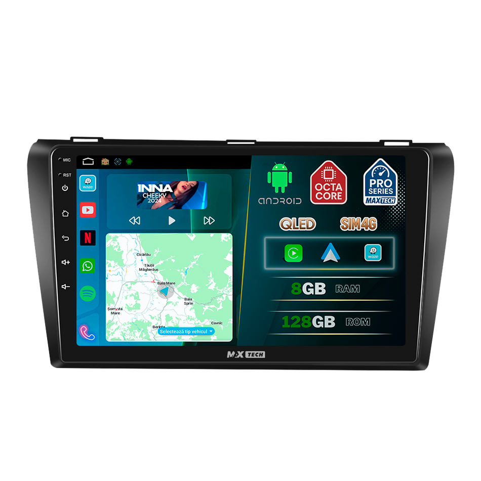 Navigatie Mazda 3 I (2003-2009) dedicata, MaxTech® PRO SERIES, 8 GB Ram 128 GB Rom, OctaCore, Carplay si Android auto, Ecran 9” HD Touch, Sim 4G, ADI/HI-Res, GPS, Wifi, Bluetooth, Radio, USB, EQ, DSP, Waze