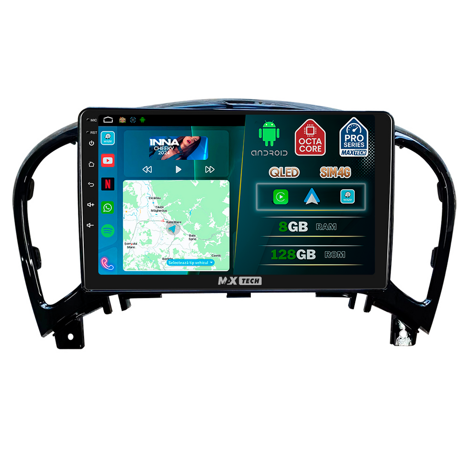 Navigatie Nissan Juke I Facelift (2014-2019) dedicata, MaxTech® PRO SERIES, 8 GB Ram 128 GB Rom, OctaCore, Carplay si Android auto, Ecran 9” HD Touch, Sim 4G, ADI/HI-Res, GPS, Wifi, Bluetooth, Radio, USB, EQ, DSP, Waze