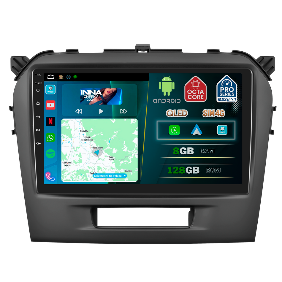 Navigatie Suzuki Vitara (2015-2018) dedicata, MaxTech® PRO SERIES, 8 GB Ram 128 GB Rom, OctaCore, Carplay si Android auto, Ecran 9” HD Touch, Sim 4G, ADI/HI-Res, GPS, Wifi, Bluetooth, Radio, USB, EQ, DSP, Waze