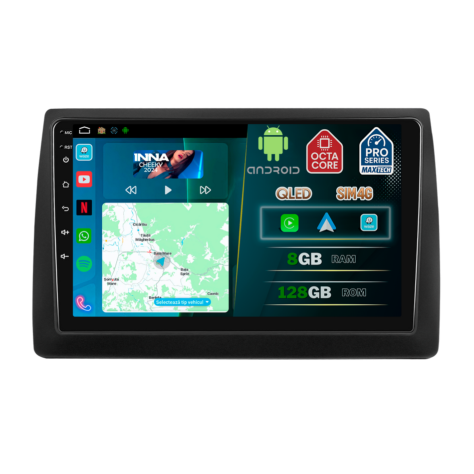 Navigatie Fiat Stilo (2002-2010) dedicata, MaxTech® PRO SERIES, 8 GB Ram 128 GB Rom, OctaCore, Carplay si Android auto, Ecran 9” HD Touch, Sim 4G, ADI/HI-Res, GPS, Wifi, Bluetooth, Radio, USB, EQ, DSP, Waze