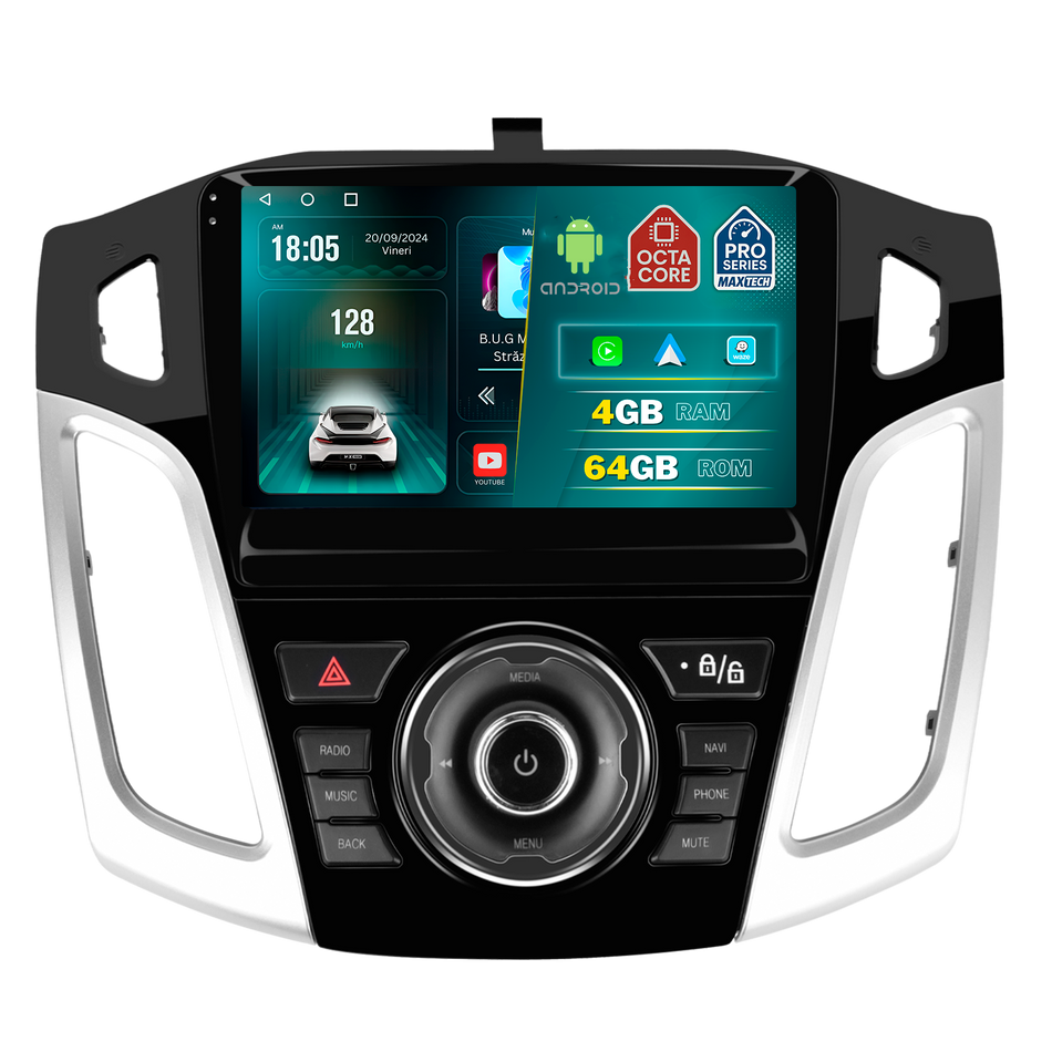 Navigatie Ford Focus III (2011-2014) dedicata, MaxTech® PRO SERIES, 4 GB Ram 64 GB Rom, Carplay si Android auto, Ecran 9 ” HD Touch, GPS, Wifi, Bluetooth, Radio, USB, EQ, DSP, Waze