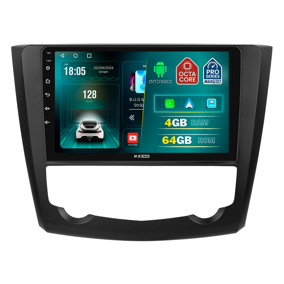 Navigatie Renault Kadjar I (2015-2018) pre-facelift dedicata, MaxTech® PRO SERIES, 4 GB Ram 64 GB Rom, Carplay si Android auto, Ecran 9 ” HD Touch, GPS, Wifi, Bluetooth, Radio, USB, EQ, DSP, Waze