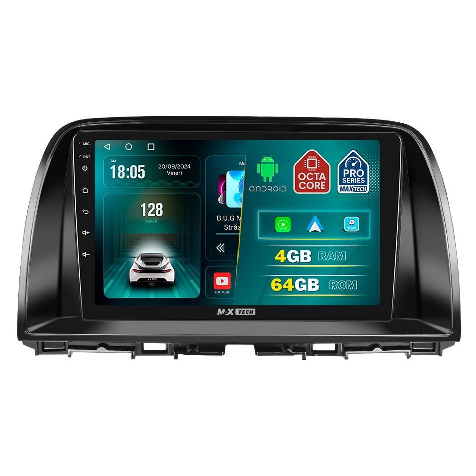 Navigatie Mazda CX-5 I (2012-2014) pre-facelift dedicata, MaxTech® PRO SERIES, 4 GB Ram 64 GB Rom, Carplay si Android auto, Ecran 9 ” HD Touch, GPS, Wifi, Bluetooth, Radio, USB, EQ, DSP, Waze
