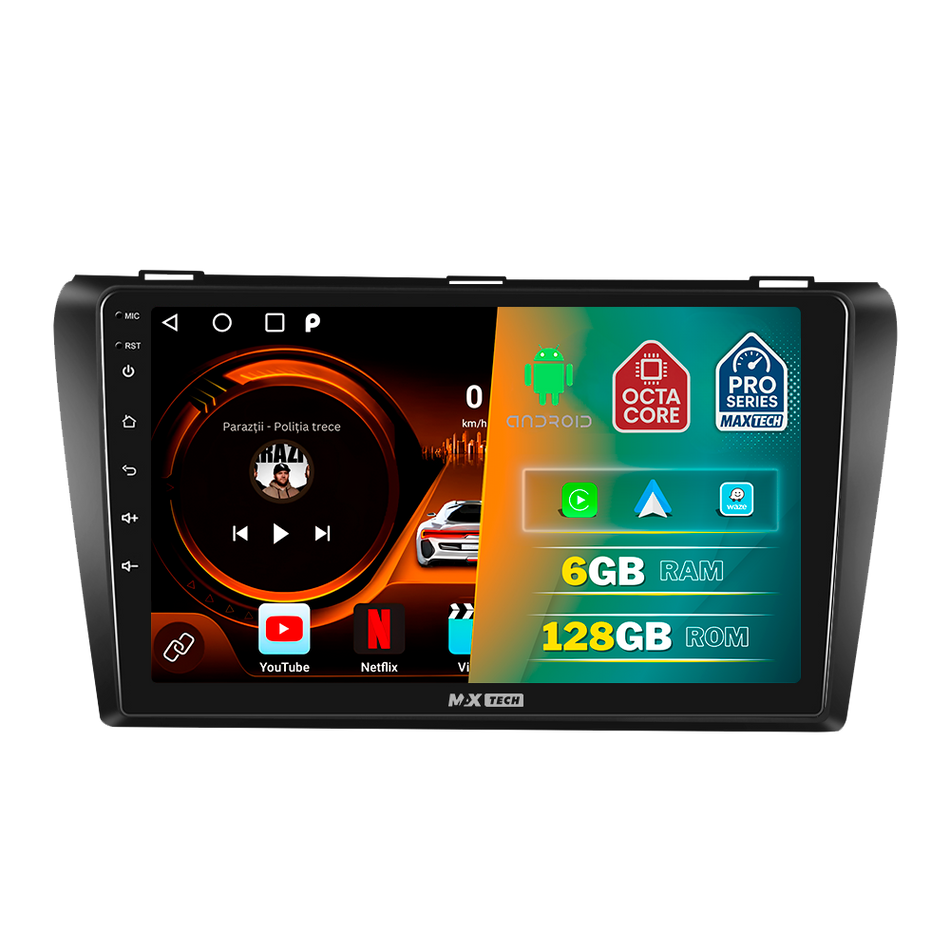 Navigatie Mazda 3 I (2003-2009) dedicata, MaxTech® PRO SERIES, 6 GB Ram 128 GB Rom, Carplay si Android auto, Ecran 9” HD Touch, GPS, Wifi, Bluetooth, Radio, USB, EQ, DSP, Waze