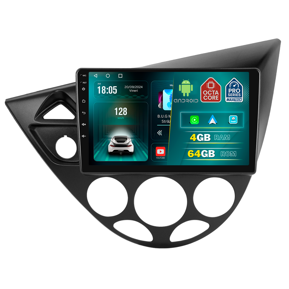 Navigatie Ford Focus MK1 (1998-2005) dedicata, MaxTech® PRO SERIES, 4 GB Ram 64 GB Rom, Carplay si Android auto, Ecran 9 ” HD Touch, GPS, Wifi, Bluetooth, Radio, USB, EQ, DSP, Waze
