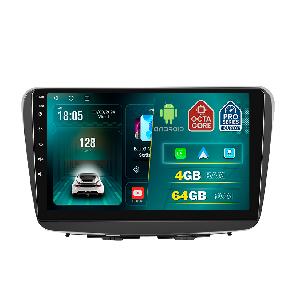 Navigatie Suzuki Baleno (2015-2020) dedicata, MaxTech® PRO SERIES, 4 GB Ram 64 GB Rom, Carplay si Android auto, Ecran 9 ” HD Touch, GPS, Wifi, Bluetooth, Radio, USB, EQ, DSP, Waze