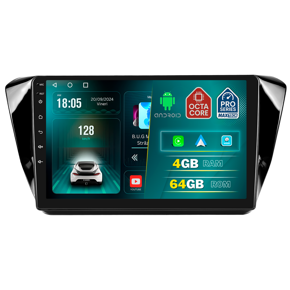 Navigatie Skoda Superb III (2015-2019) pre-facelift dedicata, MaxTech® PRO SERIES, 4 GB Ram 64 GB Rom, Carplay si Android auto, Ecran 10 ” HD Touch, GPS, Wifi, Bluetooth, Radio, USB, EQ, DSP, Waze