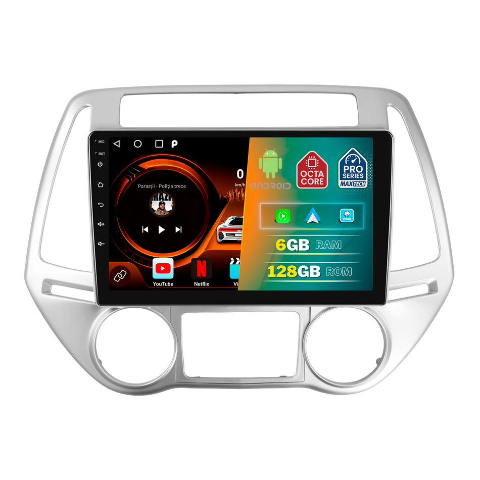 Navigatie Hyundai i20 (2012-2014) (PB Facelift) dedicata, MaxTech® PRO SERIES, 6 GB Ram 128 GB Rom, Carplay si Android auto, Ecran 9” HD Touch, GPS, Wifi, Bluetooth, Radio, USB, EQ, DSP, Waze