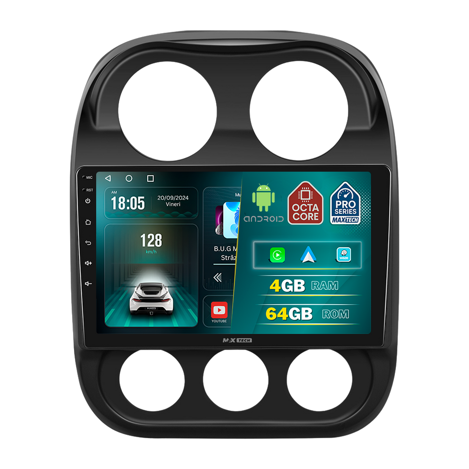 Navigatie Jeep Compass/Patriot (2011-2016) Facelift dedicata, MaxTech® PRO SERIES, 4 GB Ram 64 GB Rom, Carplay si Android auto, Ecran 10 ” HD Touch, GPS, Wifi, Bluetooth, Radio, USB, EQ, DSP, Waze