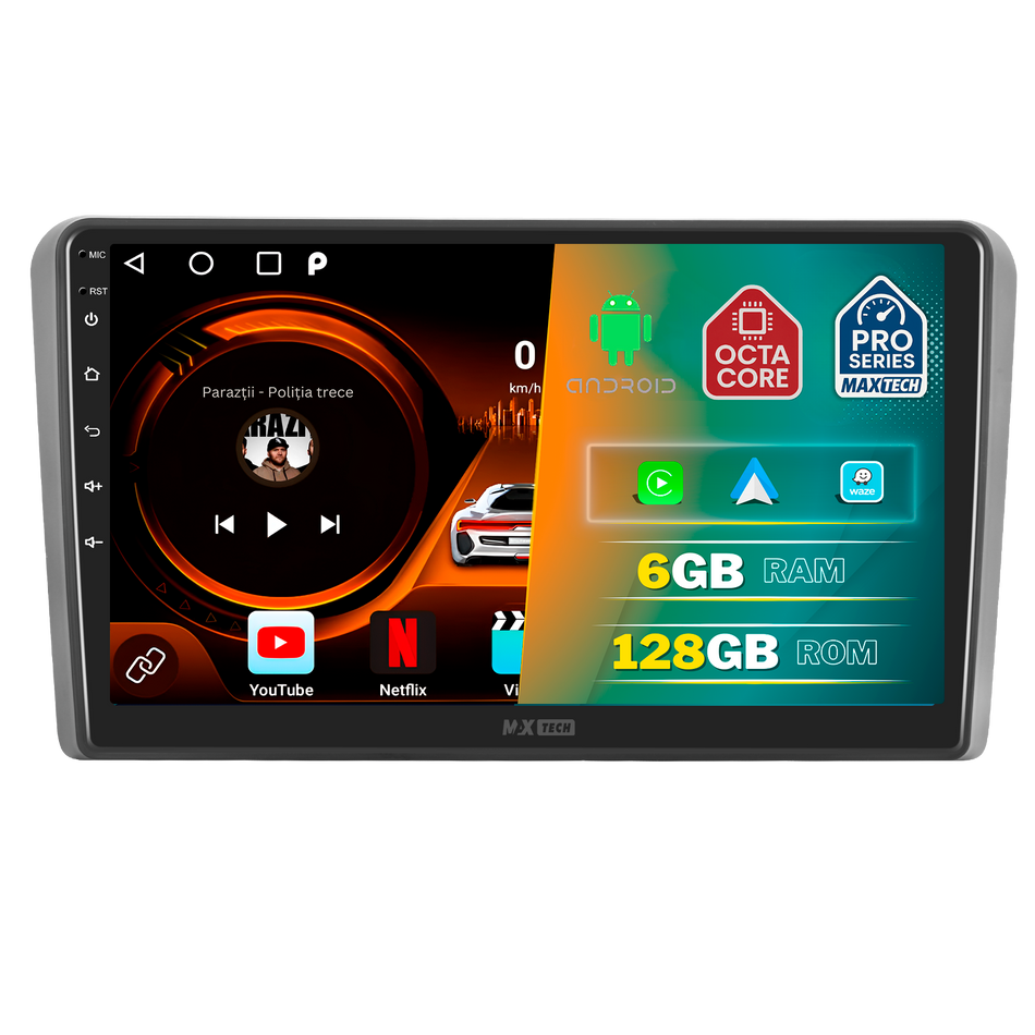 Navigatie Audi A3 Facelift 2008-2012  dedicata, MaxTech® PRO SERIES, 6 GB Ram 128 GB Rom, Carplay si Android auto, Ecran 9” HD Touch, GPS, Wifi, Bluetooth, Radio, USB, EQ, DSP, Waze
