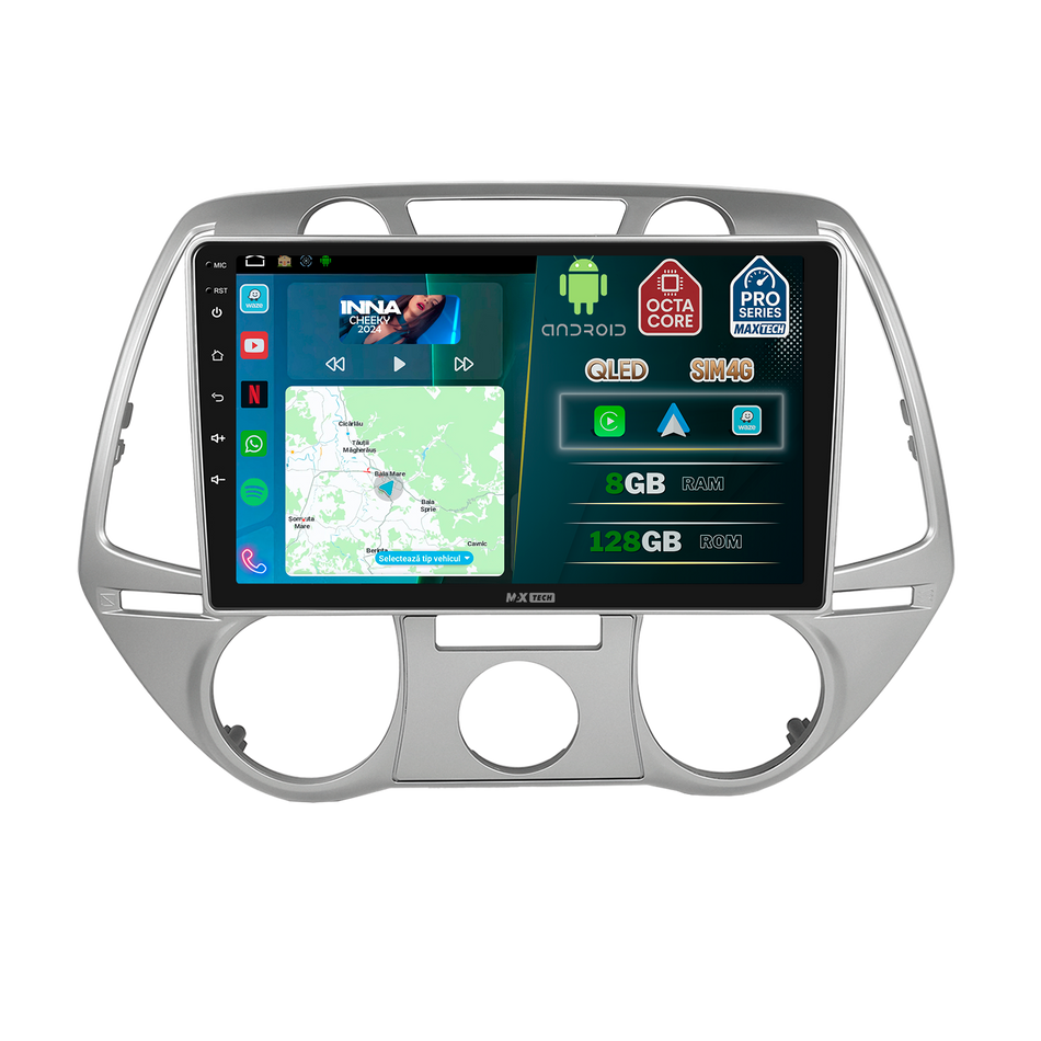 Navigatie Hyundai i20 I (2008-2012) Pre-facelift dedicata, MaxTech® PRO SERIES, 8 GB Ram 128 GB Rom, OctaCore, Carplay si Android auto, Ecran 9” HD Touch, Sim 4G, ADI/HI-Res, GPS, Wifi, Bluetooth, Radio, USB, EQ, DSP, Waze