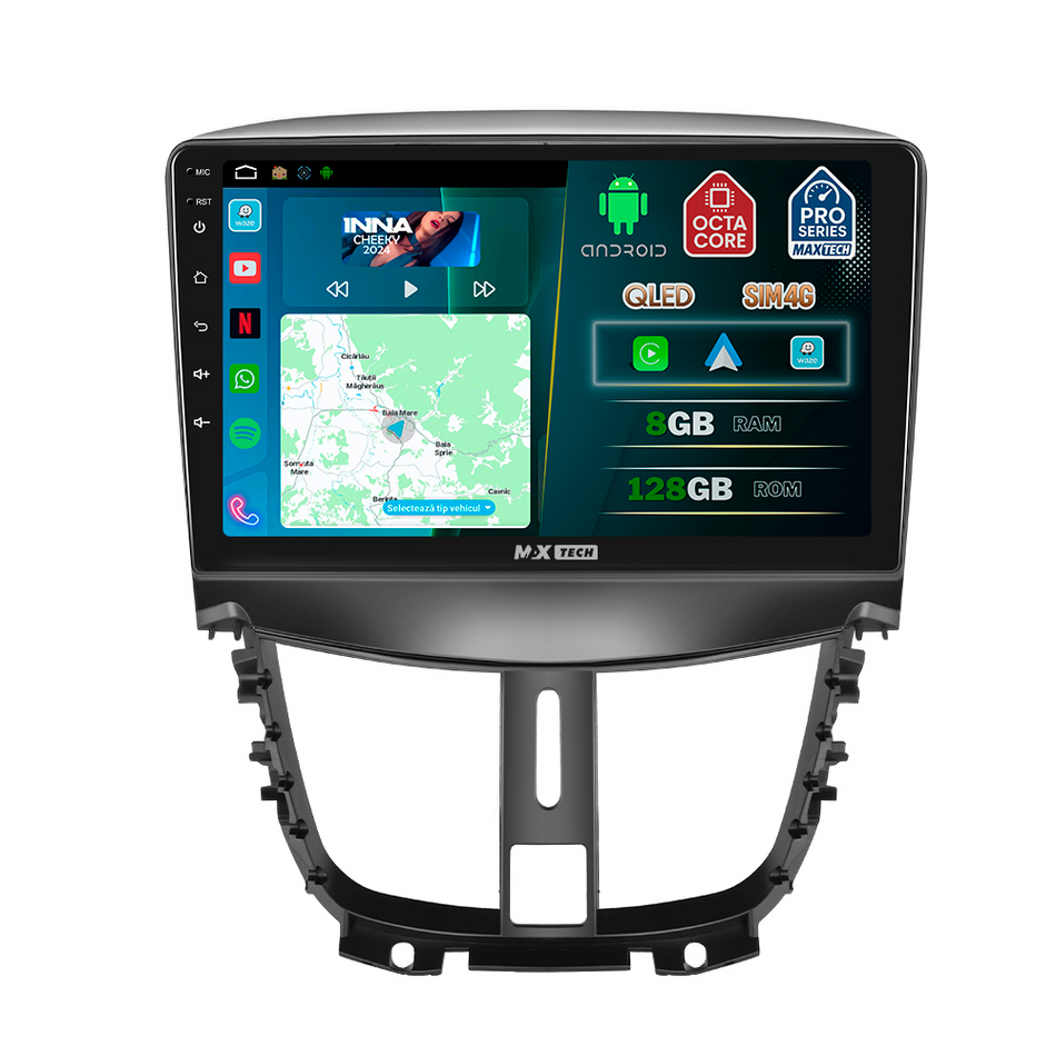Navigatie Peugeot 207 (2009-2013) facelift dedicata, MaxTech® PRO SERIES, 8 GB Ram 128 GB Rom, OctaCore, Carplay si Android auto, Ecran 9” HD Touch, Sim 4G, ADI/HI-Res, GPS, Wifi, Bluetooth, Radio, USB, EQ, DSP, Waze