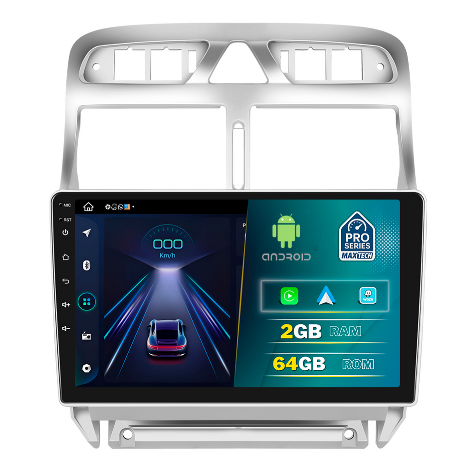 Navigatie Peugeot 307 (2002-2008) dedicata, MaxTech® PRO SERIES, 2 GB Ram 64 GB Rom, Carplay si Android auto, Ecran 9” HD Touch, GPS, Wifi, Bluetooth, Radio, USB, EQ, DSP, Waze
