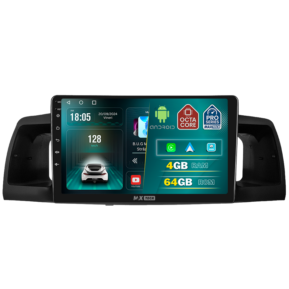 Navigatie Toyota Corolla E120 (2004-2007) facelift dedicata, MaxTech® PRO SERIES, 4 GB Ram 64 GB Rom, Carplay si Android auto, Ecran 9 ” HD Touch, GPS, Wifi, Bluetooth, Radio, USB, EQ, DSP, Waze