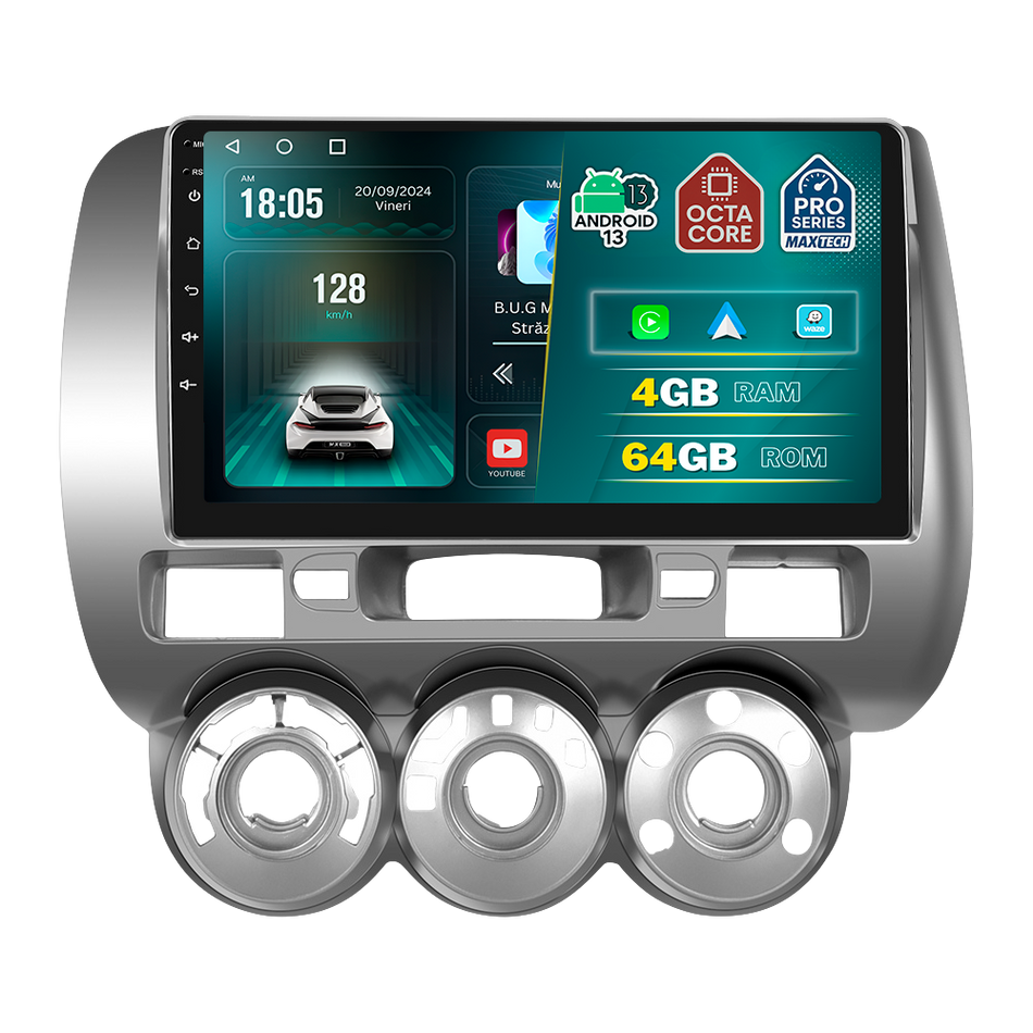 Navigatie Honda Jazz (2002-2008) dedicata, MaxTech® PRO SERIES, 4 GB Ram 64 GB Rom, Carplay si Android auto, Ecran 9 ” HD Touch, GPS, Wifi, Bluetooth, Radio, USB, EQ, DSP, Waze
