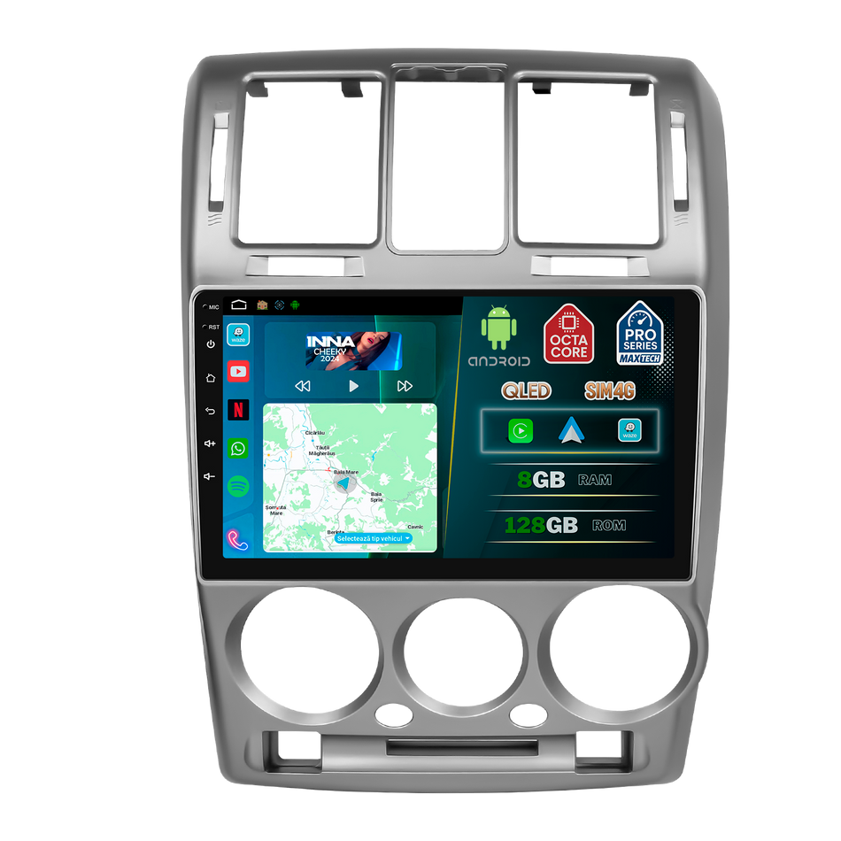 Navigatie Hyundai Getz (2002-2006) pre-facelift dedicata, MaxTech® PRO SERIES, 8 GB Ram 128 GB Rom, OctaCore, Carplay si Android auto, Ecran 9” HD Touch, Sim 4G, ADI/HI-Res, GPS, Wifi, Bluetooth, Radio, USB, EQ, DSP, Waze