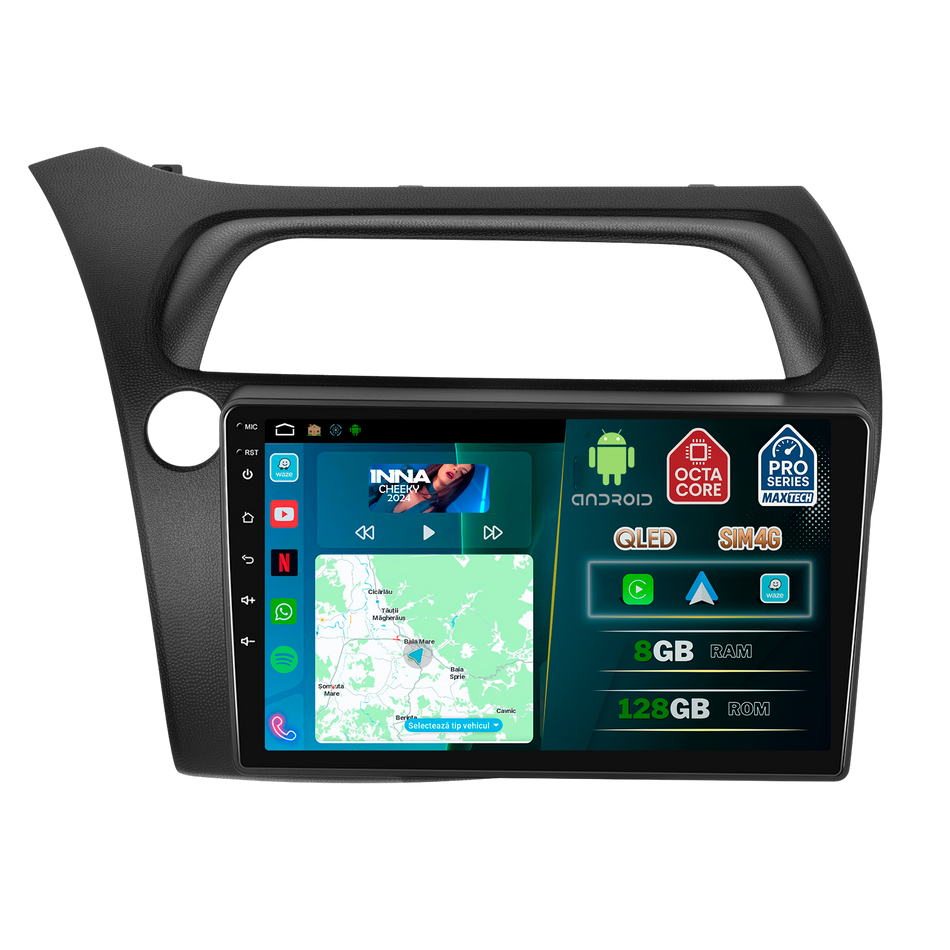 Navigatie Honda Civic VIII (2006-2011) dedicata, MaxTech® PRO SERIES, 8 GB Ram 128 GB Rom, OctaCore, Carplay si Android auto, Ecran 9” HD Touch, Sim 4G, ADI/HI-Res, GPS, Wifi, Bluetooth, Radio, USB, EQ, DSP, Waze