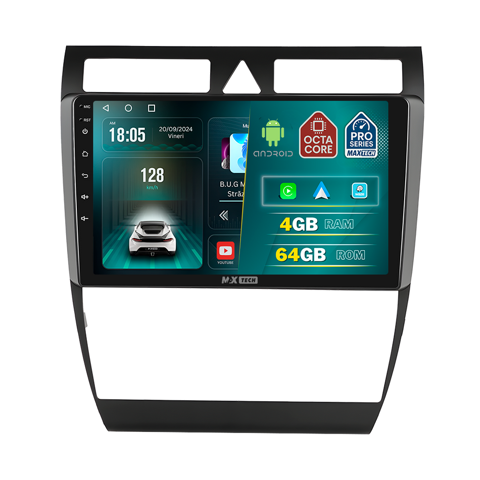 Navigatie Audi A6 C6 (2004-2008) Pre-facelift dedicata, MaxTech® PRO SERIES, 4 GB Ram 64 GB Rom, Carplay si Android auto, Ecran 9 ” HD Touch, GPS, Wifi, Bluetooth, Radio, USB, EQ, DSP, Waze