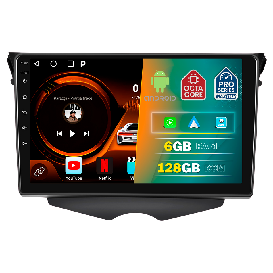Navigatie Hyundai Veloster (2011-2014) pre-facelift dedicata, MaxTech® PRO SERIES, 6 GB Ram 128 GB Rom, Carplay si Android auto, Ecran 9” HD Touch, GPS, Wifi, Bluetooth, Radio, USB, EQ, DSP, Waze