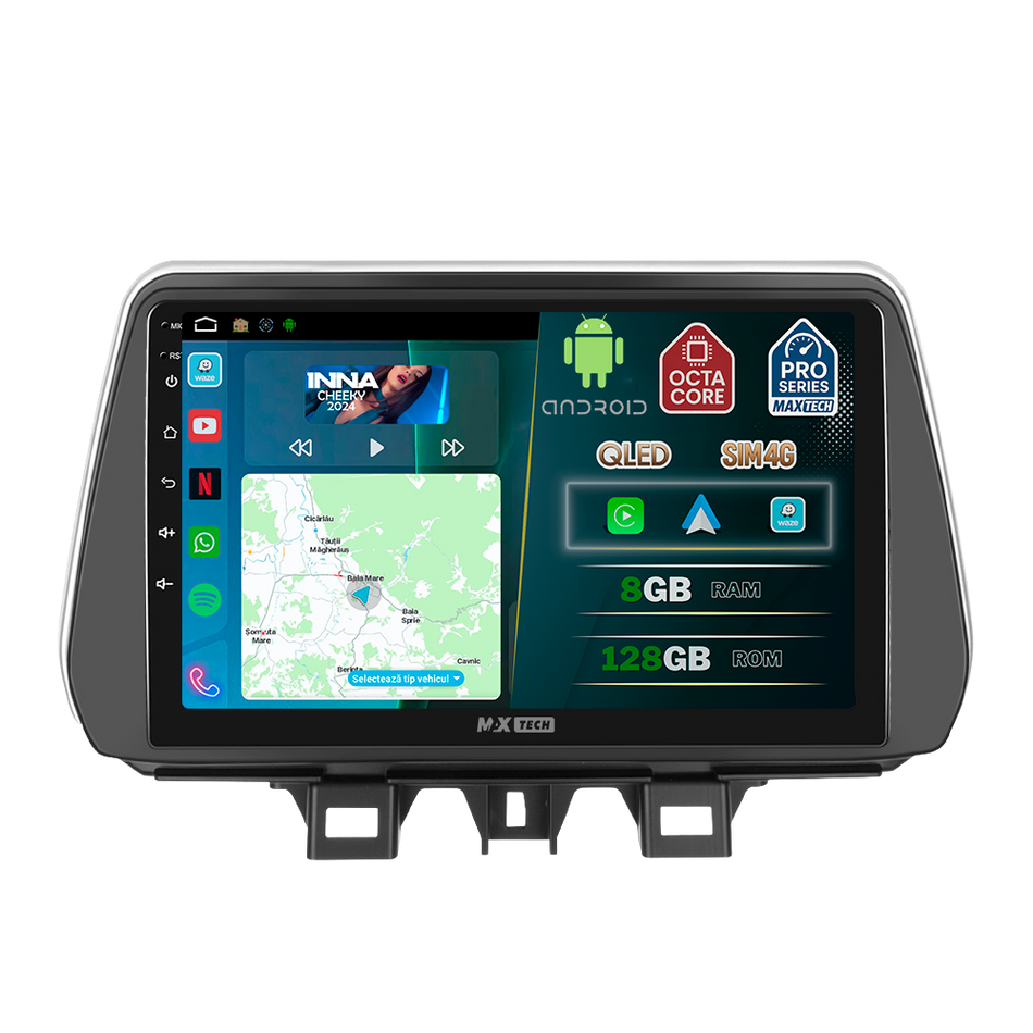 Navigatie Hyundai Tucson III (2018-2020) Facelift dedicata, MaxTech® PRO SERIES, 8 GB Ram 128 GB Rom, OctaCore, Carplay si Android auto, Ecran 9” HD Touch, Sim 4G, ADI/HI-Res, GPS, Wifi, Bluetooth, Radio, USB, EQ, DSP, Waze