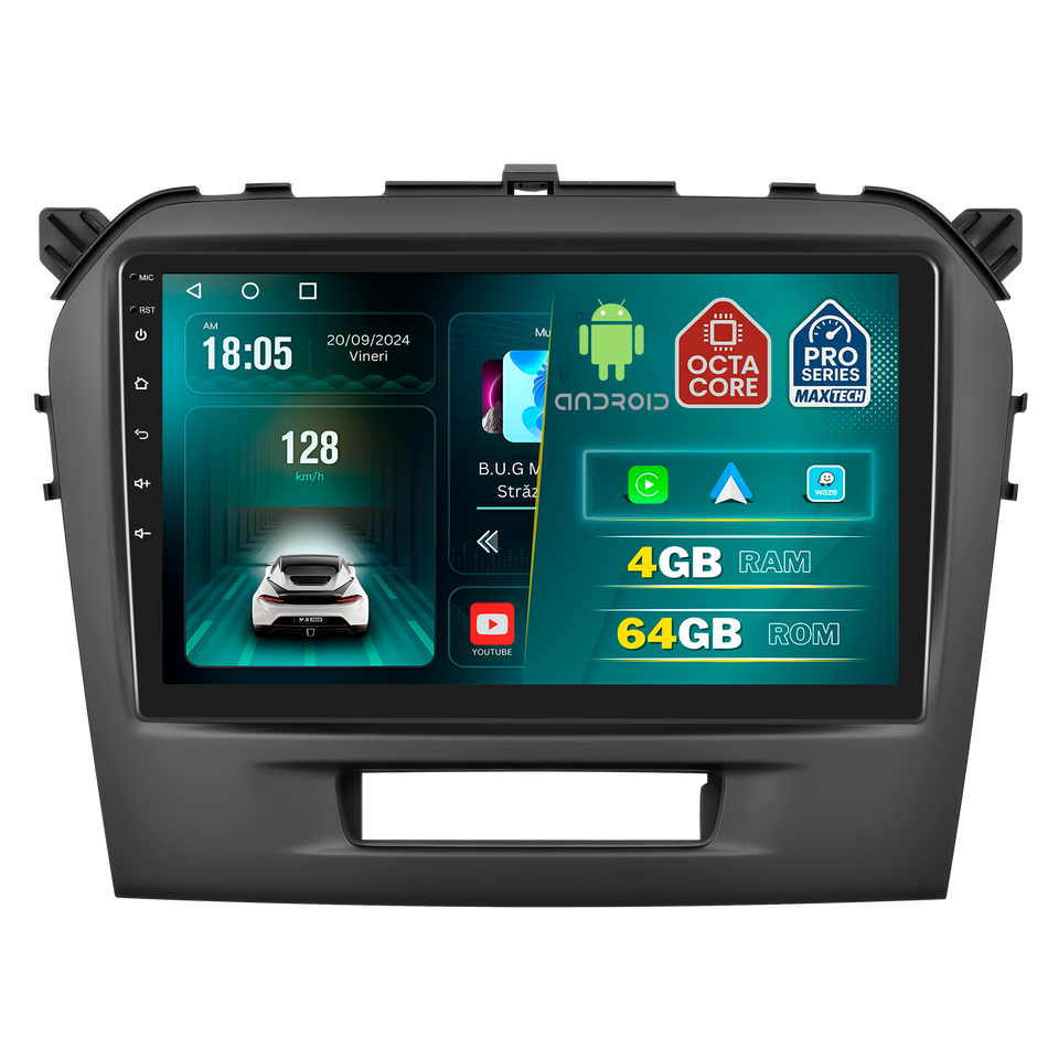 Navigatie Suzuki Vitara (2015-2018) dedicata, MaxTech® PRO SERIES, 4 GB Ram 64 GB Rom, Carplay si Android auto, Ecran 9 ” HD Touch, GPS, Wifi, Bluetooth, Radio, USB, EQ, DSP, Waze