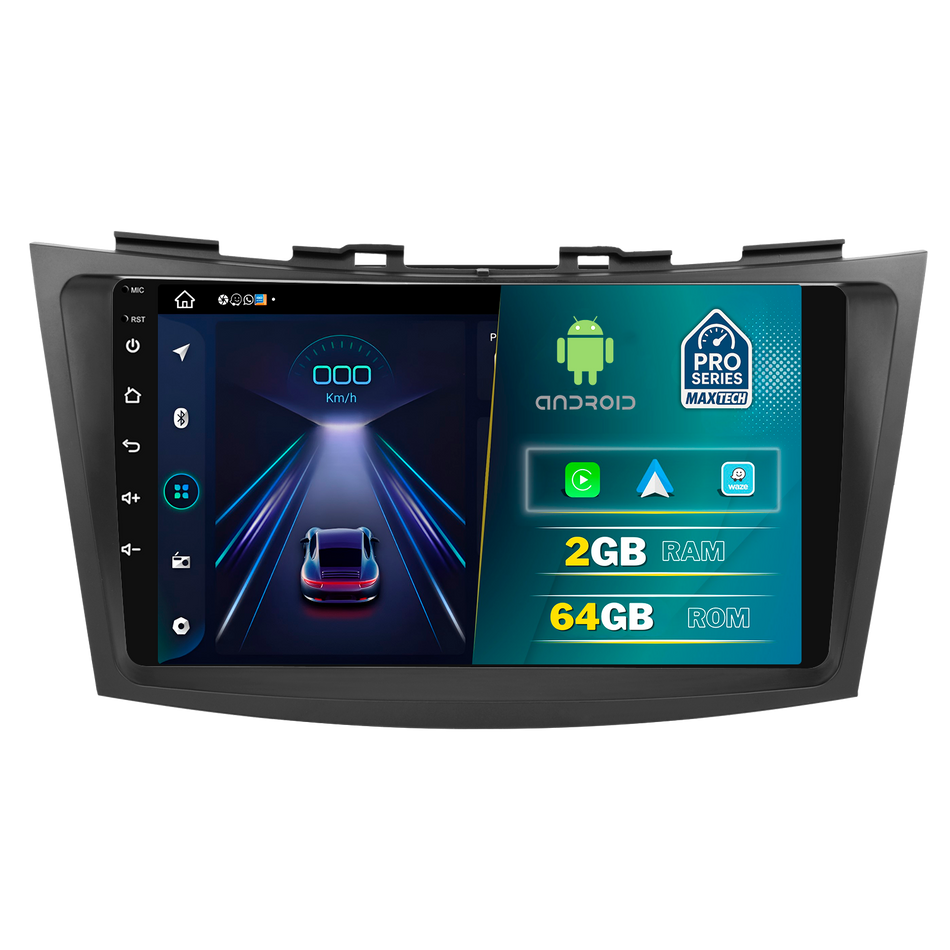 Navigatie Suzuki Swift (2010-2014) pre-facelift dedicata, MaxTech® PRO SERIES, 2 GB Ram 64 GB Rom, Carplay si Android auto, Ecran 9” HD Touch, GPS, Wifi, Bluetooth, Radio, USB, EQ, DSP, Waze