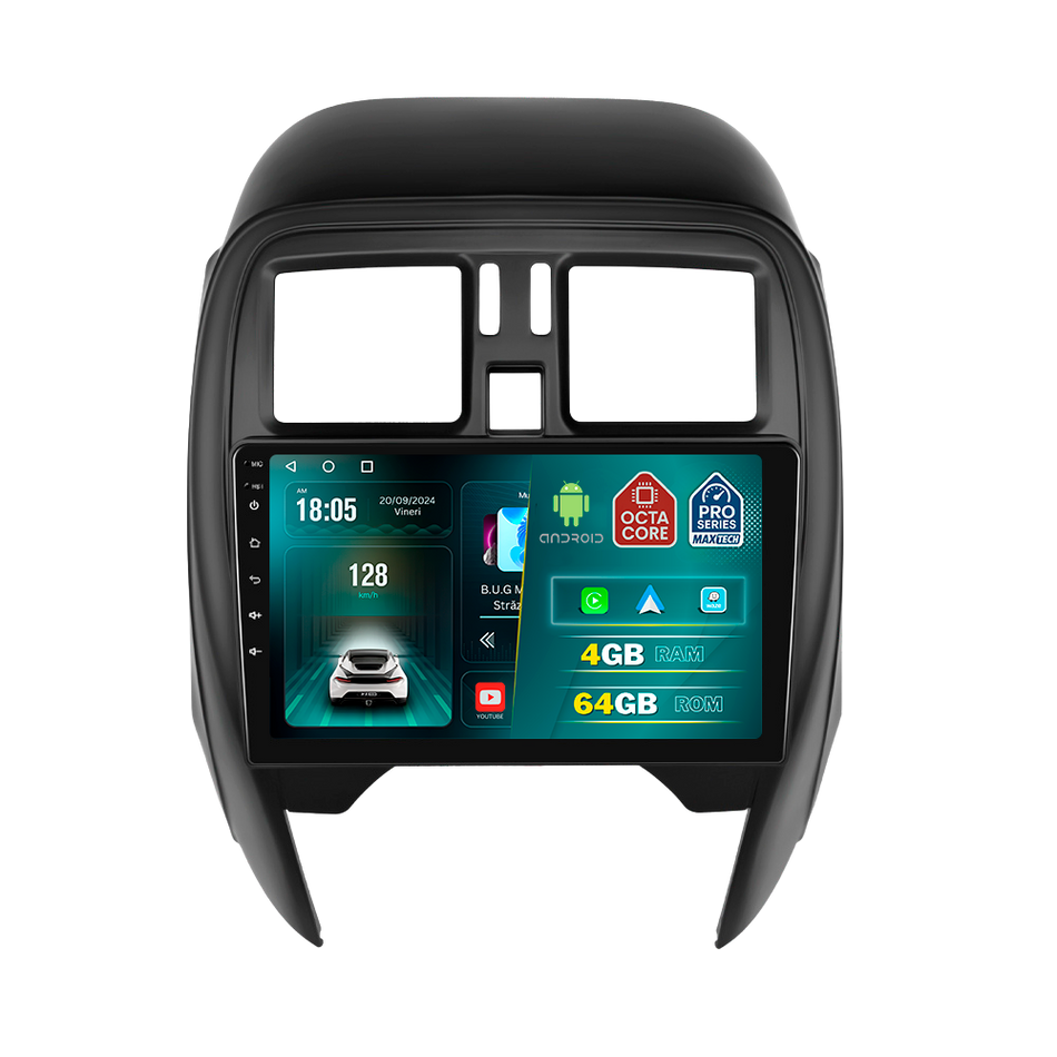 Navigatie Nissan Micra (2010-2017) dedicata, MaxTech® PRO SERIES, 4 GB Ram 64 GB Rom, Carplay si Android auto, Ecran 9 ” HD Touch, GPS, Wifi, Bluetooth, Radio, USB, EQ, DSP, Waze