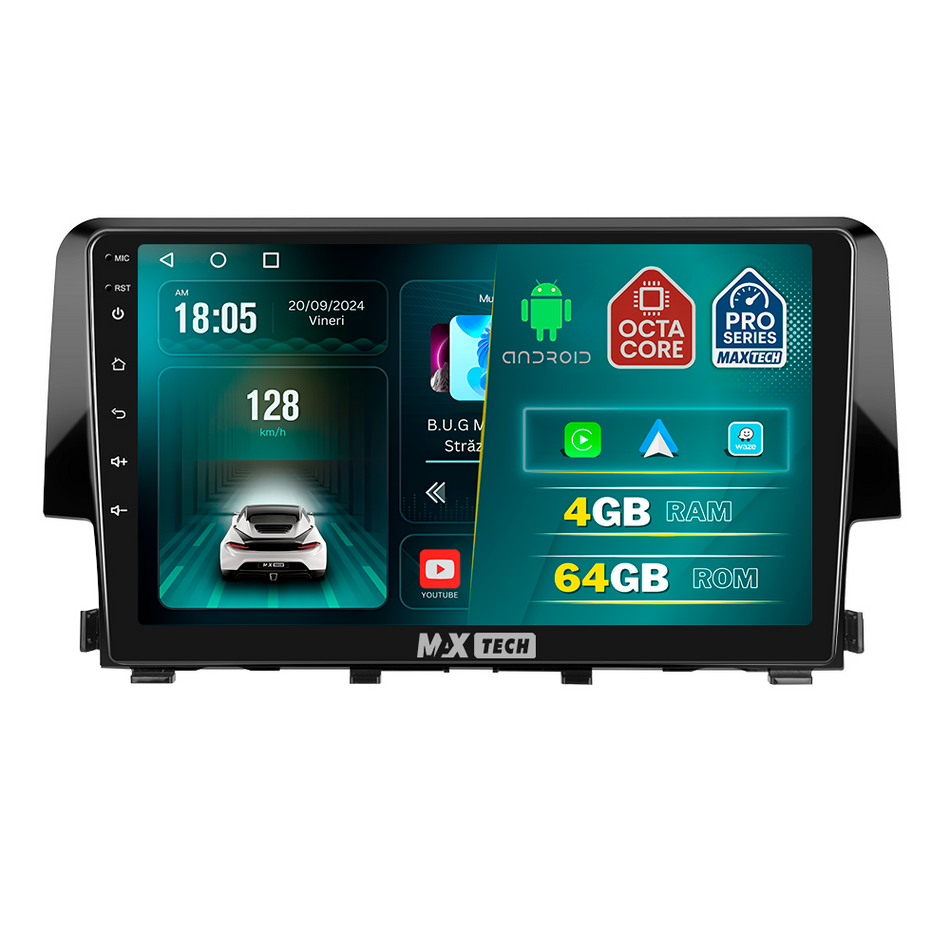 Navigatie Honda Civic X (2017-2021) dedicata, MaxTech® PRO SERIES, 4 GB Ram 64 GB Rom, Carplay si Android auto, Ecran 9 ” HD Touch, GPS, Wifi, Bluetooth, Radio, USB, EQ, DSP, Waze