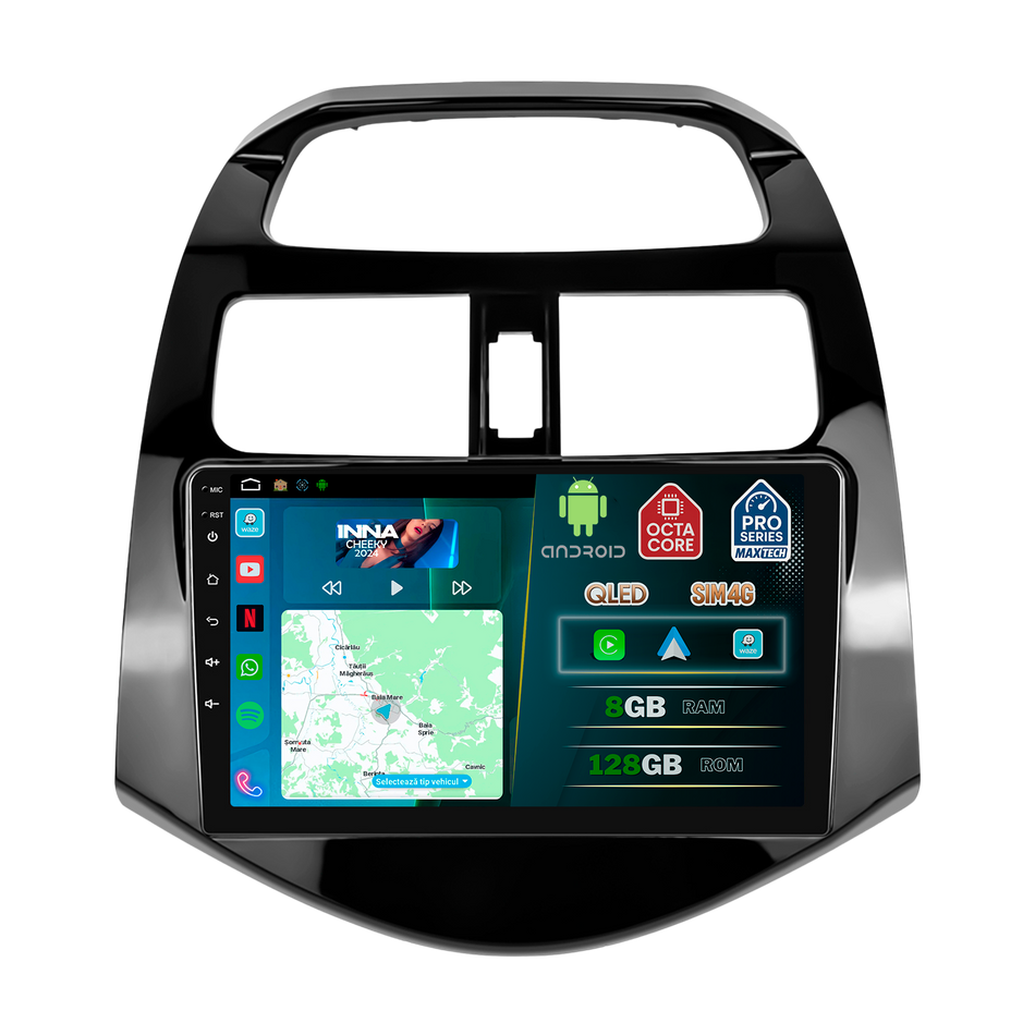 Navigatie Chevrolet Spark (2011-2015) dedicata, MaxTech® PRO SERIES, 8 GB Ram 128 GB Rom, OctaCore, Carplay si Android auto, Ecran 9” HD Touch, Sim 4G, ADI/HI-Res, GPS, Wifi, Bluetooth, Radio, USB, EQ, DSP, Waze