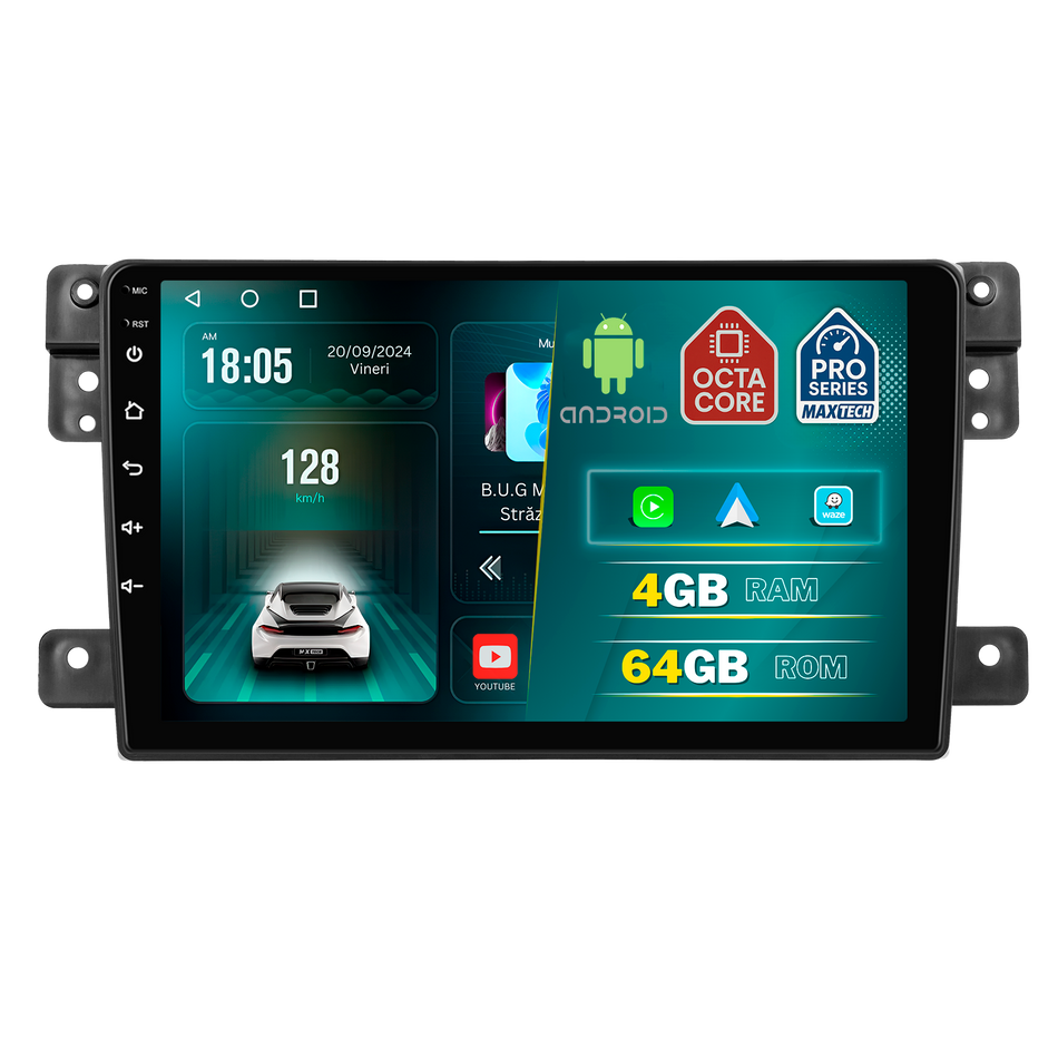 Navigatie Suzuki Grand Vitara III (2005-2015) dedicata, MaxTech® PRO SERIES, 4 GB Ram 64 GB Rom, Carplay si Android auto, Ecran 9 ” HD Touch, GPS, Wifi, Bluetooth, Radio, USB, EQ, DSP, Waze