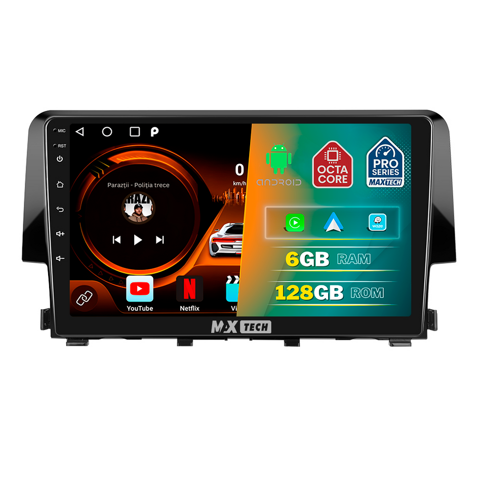 Navigatie Honda Civic X (2017-2021) dedicata, MaxTech® PRO SERIES, 6 GB Ram 128 GB Rom, Carplay si Android auto, Ecran 9” HD Touch, GPS, Wifi, Bluetooth, Radio, USB, EQ, DSP, Waze