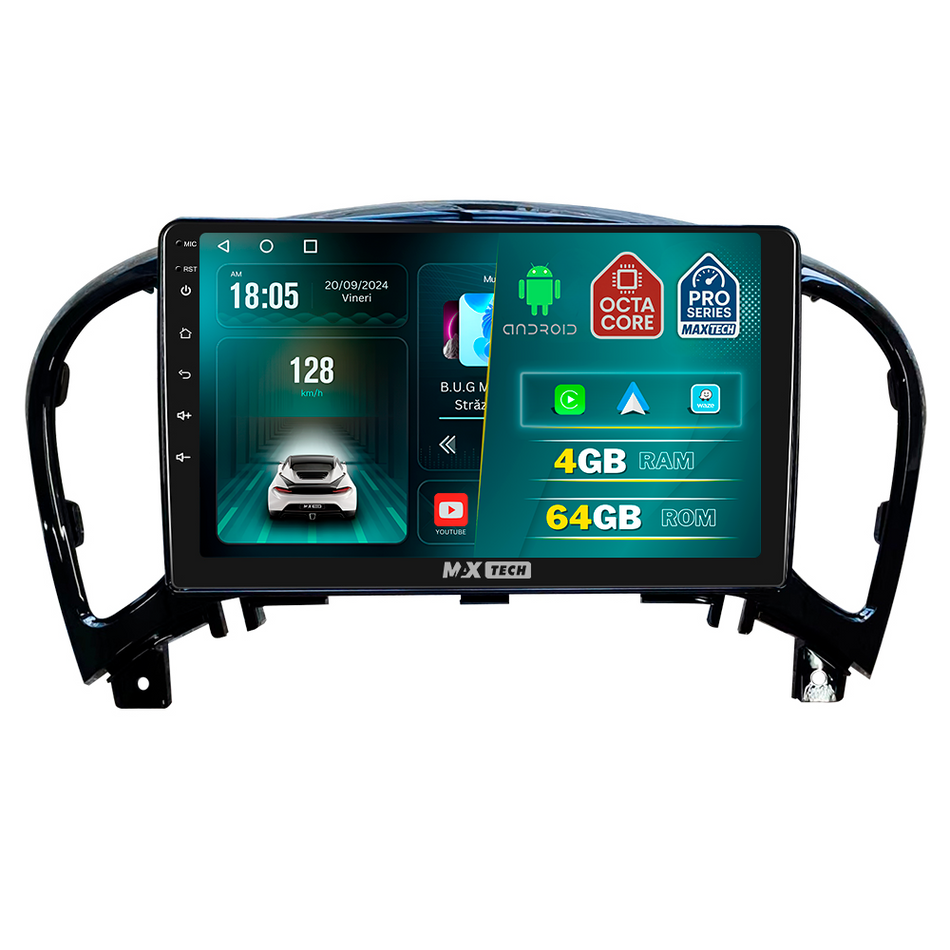 Navigatie Nissan Juke I Facelift (2014-2019) dedicata, MaxTech® PRO SERIES, 4 GB Ram 64 GB Rom, Carplay si Android auto, Ecran 9 ” HD Touch, GPS, Wifi, Bluetooth, Radio, USB, EQ, DSP, Waze