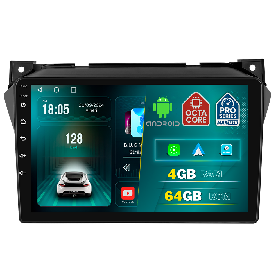 Navigatie Suzuki Alto 2009-2014 dedicata, MaxTech® PRO SERIES, 4 GB Ram 64 GB Rom, Carplay si Android auto, Ecran 9 ” HD Touch, GPS, Wifi, Bluetooth, Radio, USB, EQ, DSP, Waze