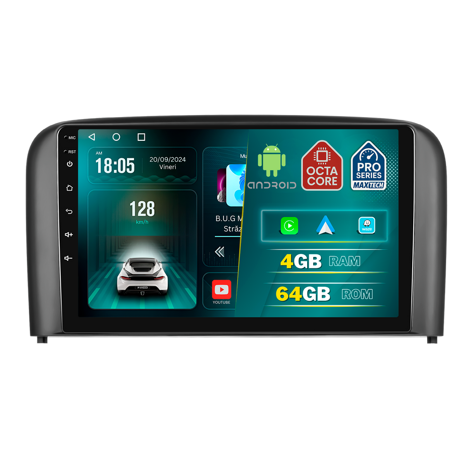 Navigatie Volvo S80 I (2001-2006) dedicata, MaxTech® PRO SERIES, 4 GB Ram 64 GB Rom, Carplay si Android auto, Ecran 9 ” HD Touch, GPS, Wifi, Bluetooth, Radio, USB, EQ, DSP, Waze