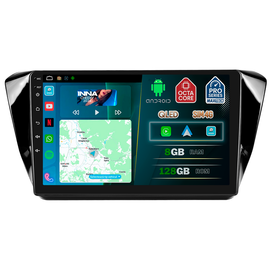 Navigatie Skoda Superb III (2015-2019) pre-facelift dedicata, MaxTech® PRO SERIES, 8 GB Ram 128 GB Rom, OctaCore, Carplay si Android auto, Ecran 10” HD Touch, Sim 4G, ADI/HI-Res, GPS, Wifi, Bluetooth, Radio, USB, EQ, DSP, Waze