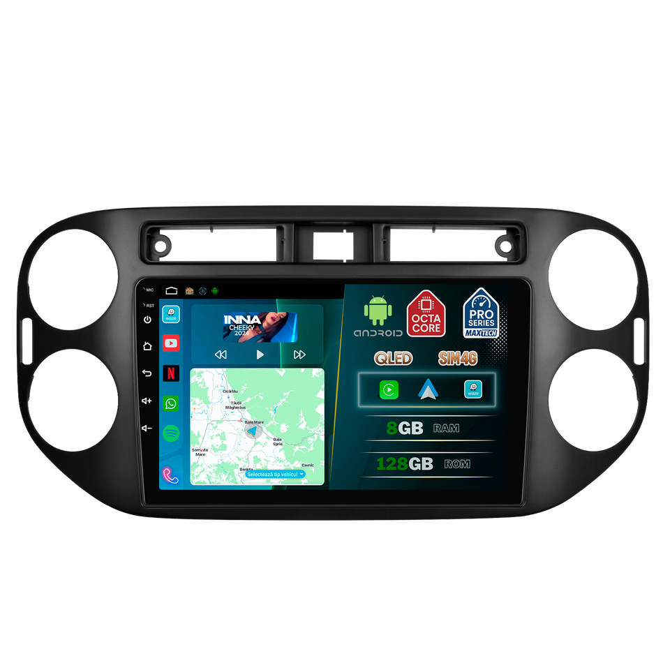 Navigatie Volkswagen Tiguan I (2011-2016) facelift dedicata, MaxTech® PRO SERIES, 8 GB Ram 128 GB Rom, OctaCore, Carplay si Android auto, Ecran 9” HD Touch, Sim 4G, ADI/HI-Res, GPS, Wifi, Bluetooth, Radio, USB, EQ, DSP, Waze