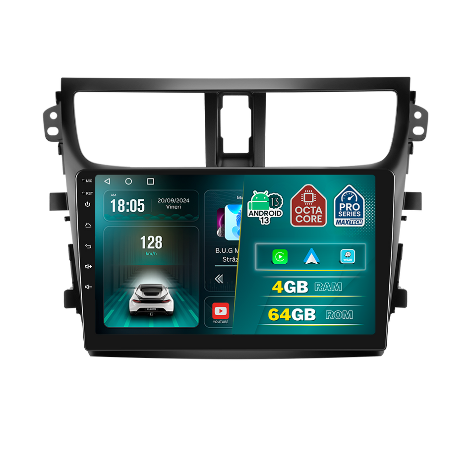 Navigatie Suzuki Celerio (2014-2020) dedicata, MaxTech® PRO SERIES, 4 GB Ram 64 GB Rom, Carplay si Android auto, Ecran 9 ” HD Touch, GPS, Wifi, Bluetooth, Radio, USB, EQ, DSP, Waze