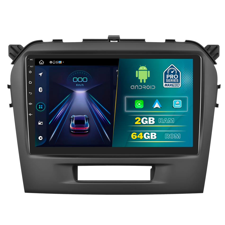 Navigatie Suzuki Vitara (2015-2018) dedicata, MaxTech® PRO SERIES, 2 GB Ram 64 GB Rom, Carplay si Android auto, Ecran 9” HD Touch, GPS, Wifi, Bluetooth, Radio, USB, EQ, DSP, Waze
