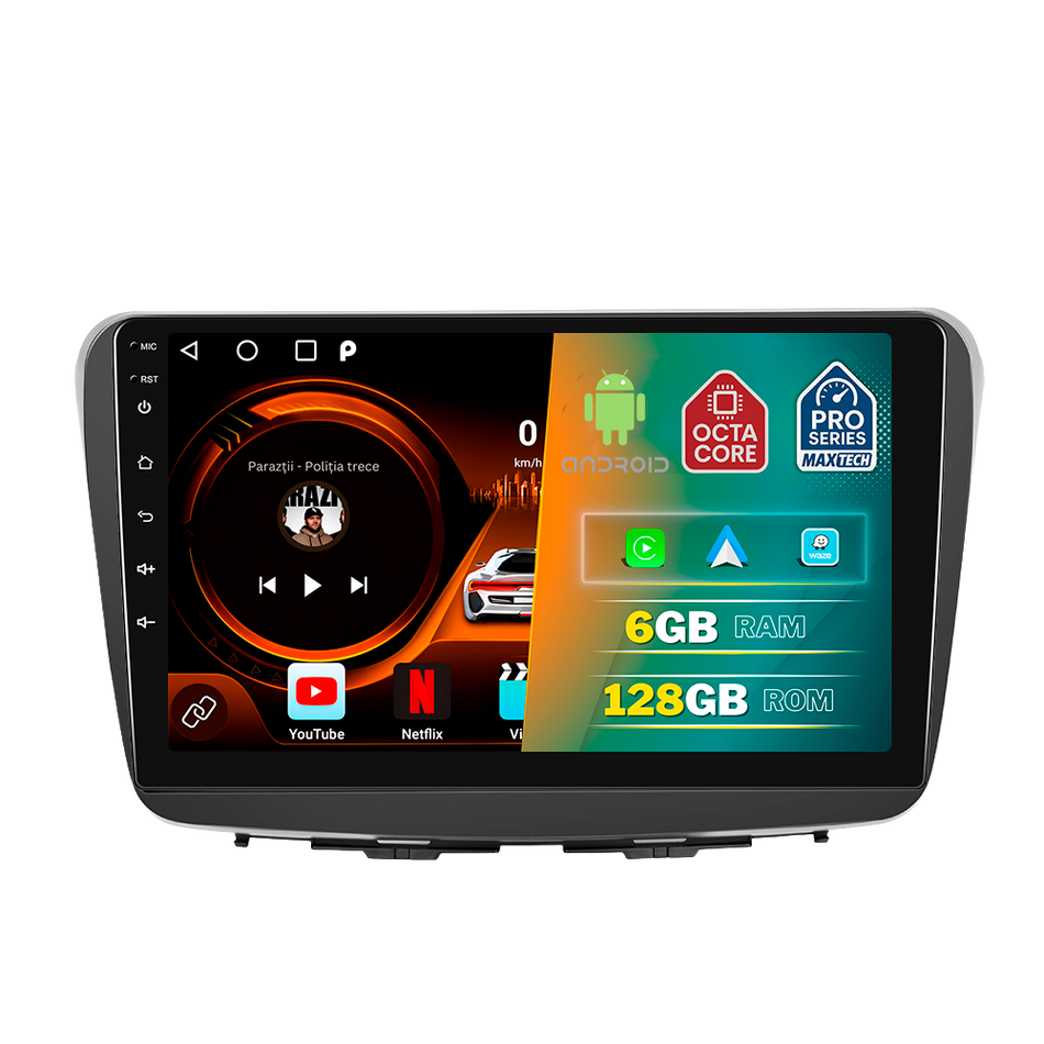 Navigatie Suzuki Baleno (2015-2020) dedicata, MaxTech® PRO SERIES, 6 GB Ram 128 GB Rom, Carplay si Android auto, Ecran 9” HD Touch, GPS, Wifi, Bluetooth, Radio, USB, EQ, DSP, Waze