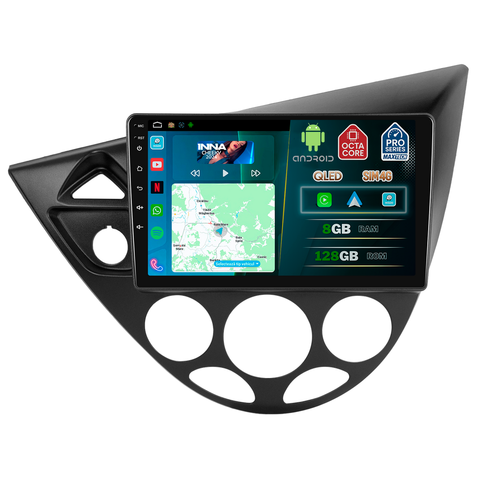 Navigatie Ford Focus MK1 (1998-2005) dedicata, MaxTech® PRO SERIES, 8 GB Ram 128 GB Rom, OctaCore, Carplay si Android auto, Ecran 9” HD Touch, Sim 4G, ADI/HI-Res, GPS, Wifi, Bluetooth, Radio, USB, EQ, DSP, Waze