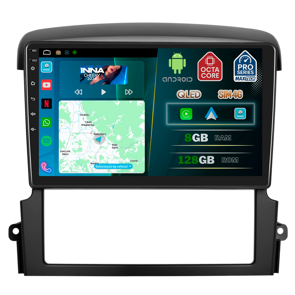 Navigatie Kia Sorento I (2004-2008) dedicata, MaxTech® PRO SERIES, 8 GB Ram 128 GB Rom, OctaCore, Carplay si Android auto, Ecran 9” HD Touch, Sim 4G, ADI/HI-Res, GPS, Wifi, Bluetooth, Radio, USB, EQ, DSP, Waze