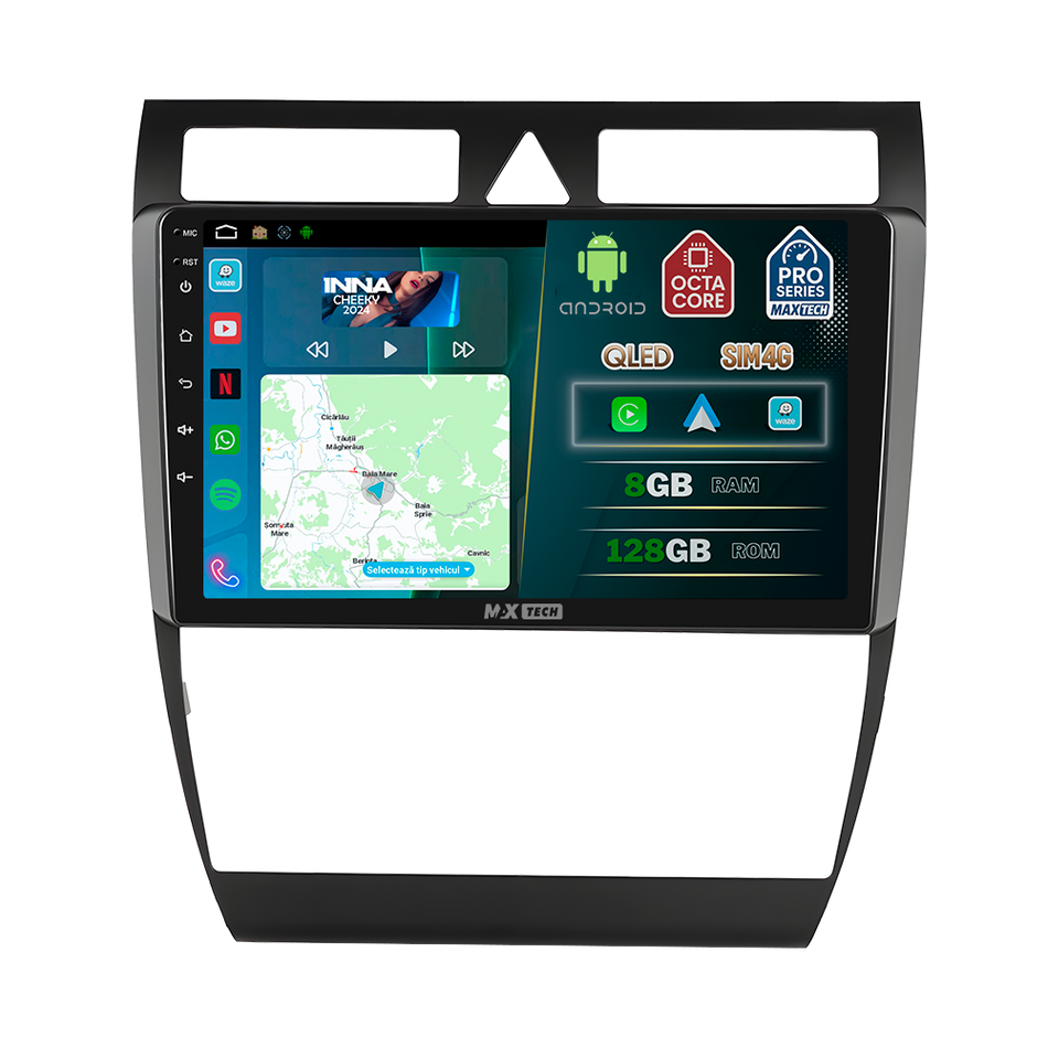 Navigatie Audi A6 C6 (2004-2008) Pre-facelift dedicata, MaxTech® PRO SERIES, 8 GB Ram 128 GB Rom, OctaCore, Carplay si Android auto, Ecran 9” HD Touch, Sim 4G, ADI/HI-Res, GPS, Wifi, Bluetooth, Radio, USB, EQ, DSP, Waze